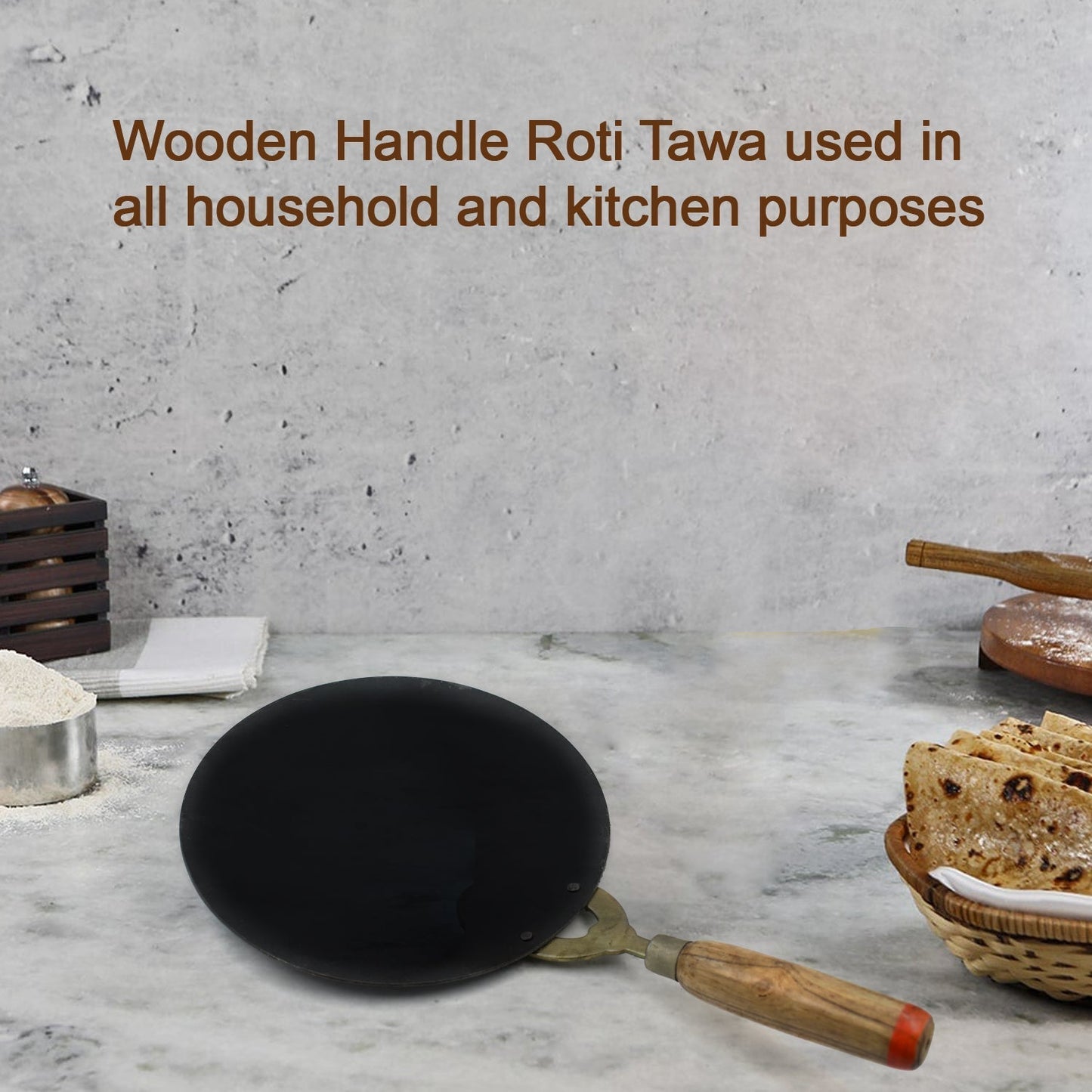 Nonstick roti tawa with wooden handle, perfect for daily use in kitchens.