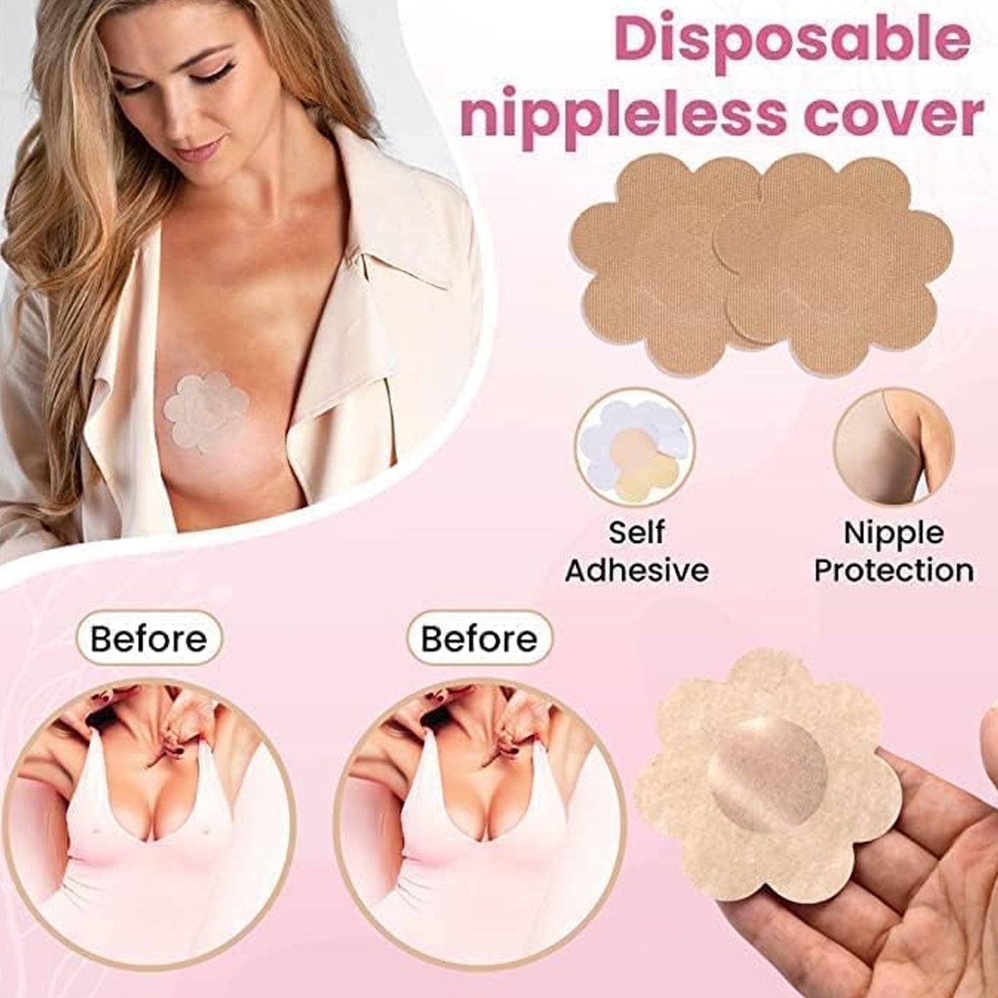 Boob Tape with Nipple Covers: Cotton, Breathable, Lift & Support (5m, 10 Pairs)