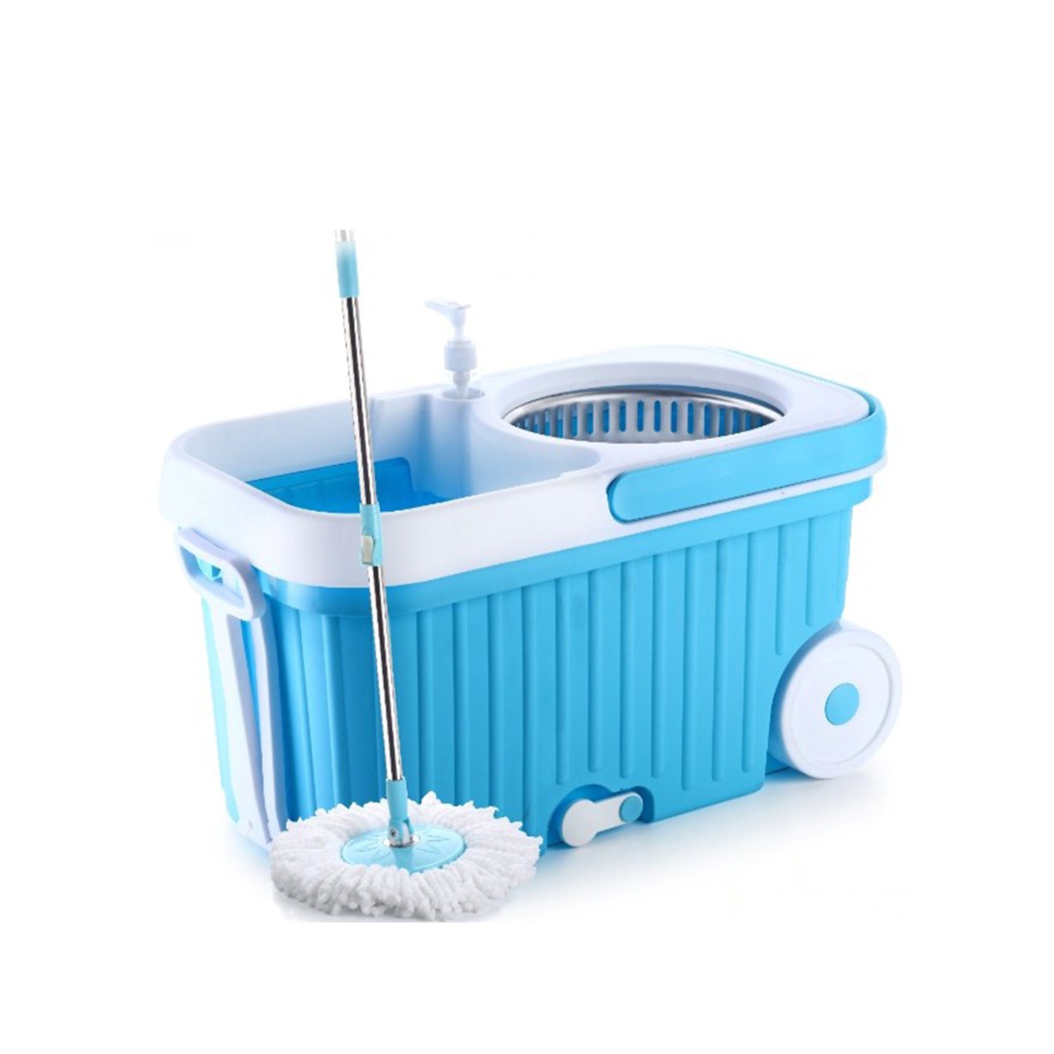 Spin mop with 360-degree cleaning feature, larger wheels and plastic handle, shown from different angles.