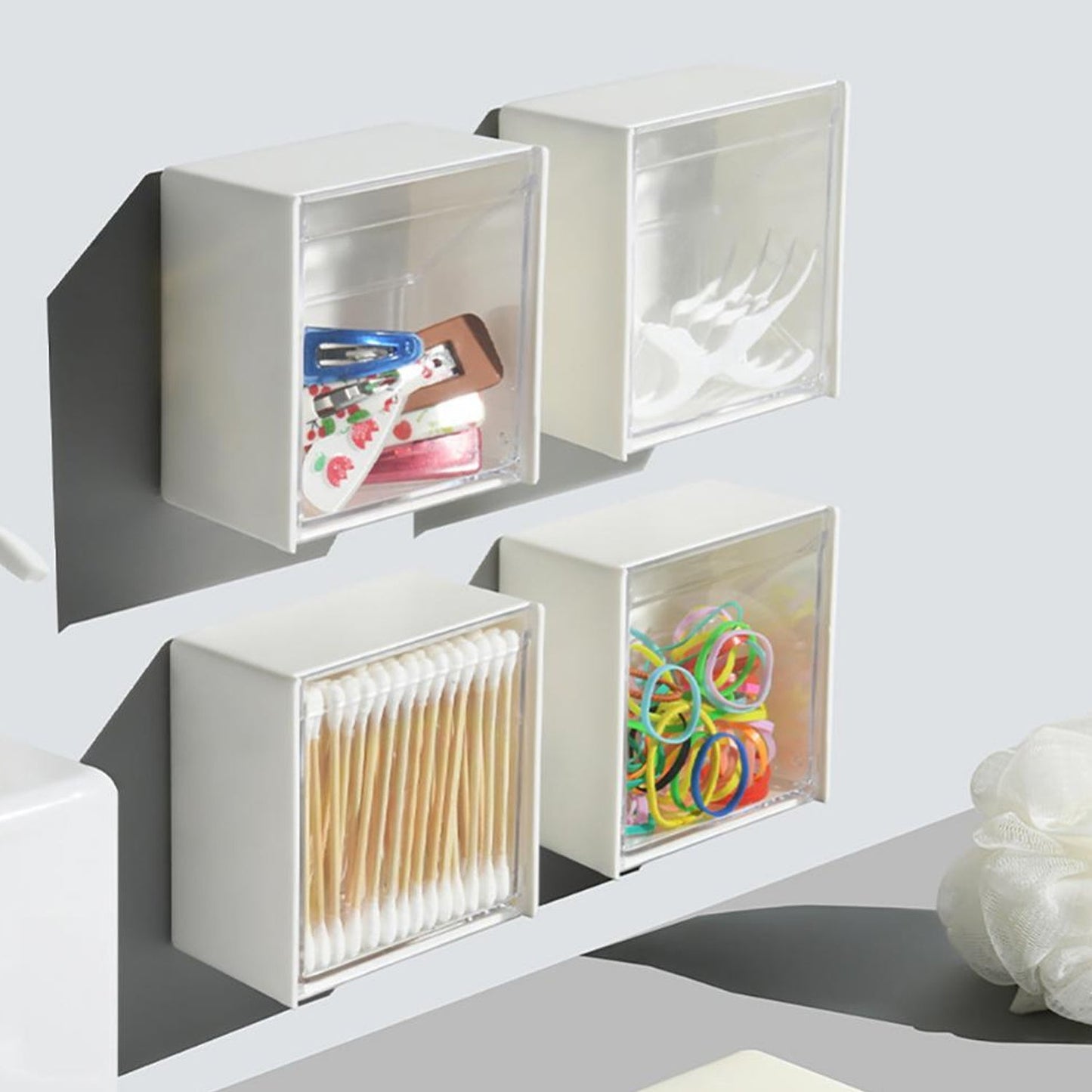 Small object storage box, wall-mounted, adhesive flip design