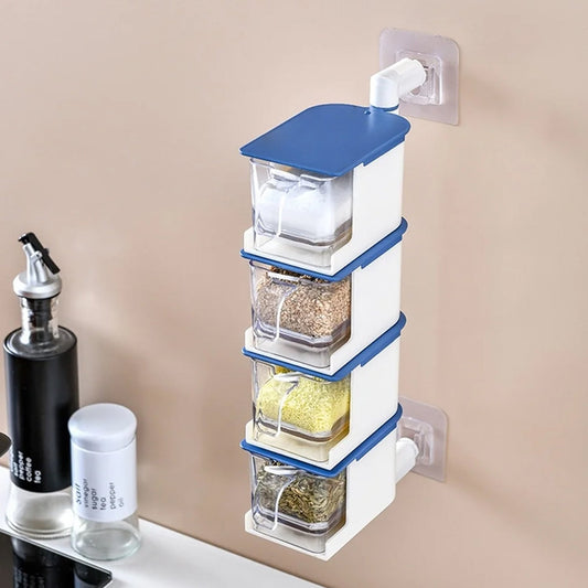 Rotary seasoning box, 4 layers, wall hanging, condiment storage with spoon.