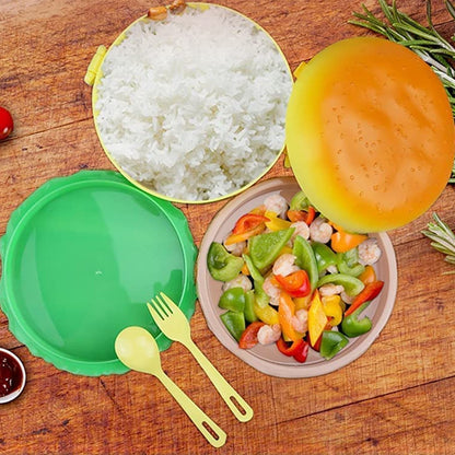 Burger Shape Lunch Box Plastic Lunch Box Food Container Sets Double Layer Lunchbox 1000ml With 2 Spoon Applicable to Kids and Elementary School Students