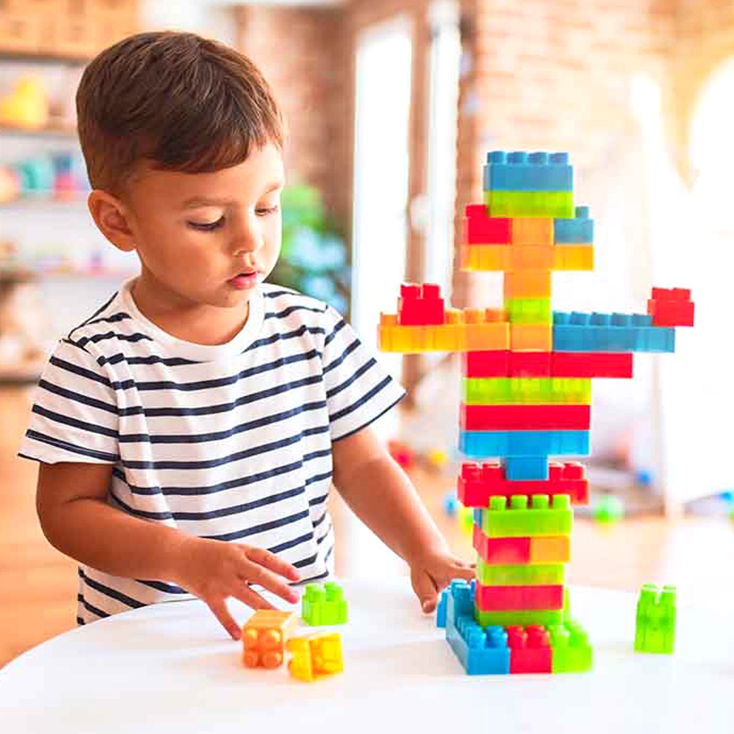 Close-up of various building blocks in a set, illustrating different types of pieces included