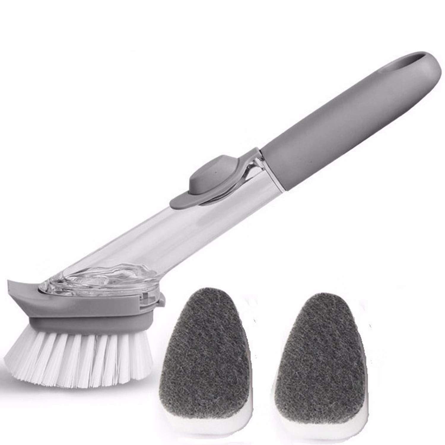 Dishwashing brush with long handle for cleaning pots and dishes.