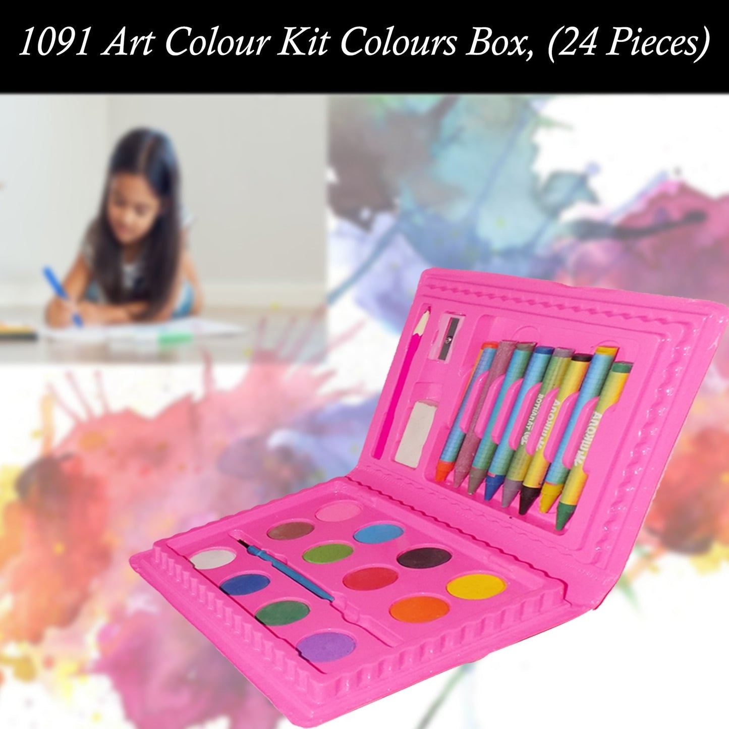 Art supplies box with watercolor, sketch pens, and crayons