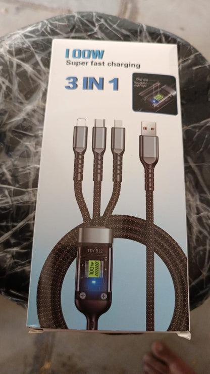 3-in-1 Super Fast Charging Cable 100w, Multifunctional Convenient Super Fast Charging Cable Nylon Braided Cord, 3-in-1 Silicone Zinc Alloy 3 Head Charging Cable