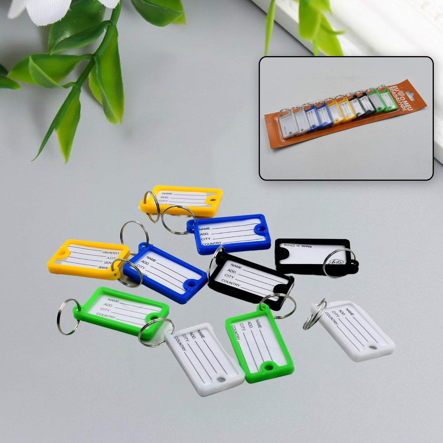 Set of 10 plastic key tags with key rings, numbered, includes backpack keychain.