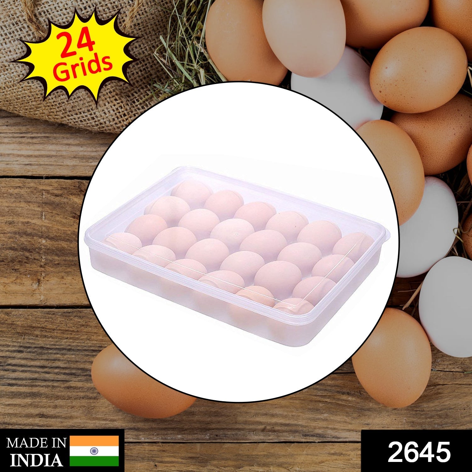 Egg holder tray with 24 compartments, featuring a lid for secure storage of 2 dozen eggs