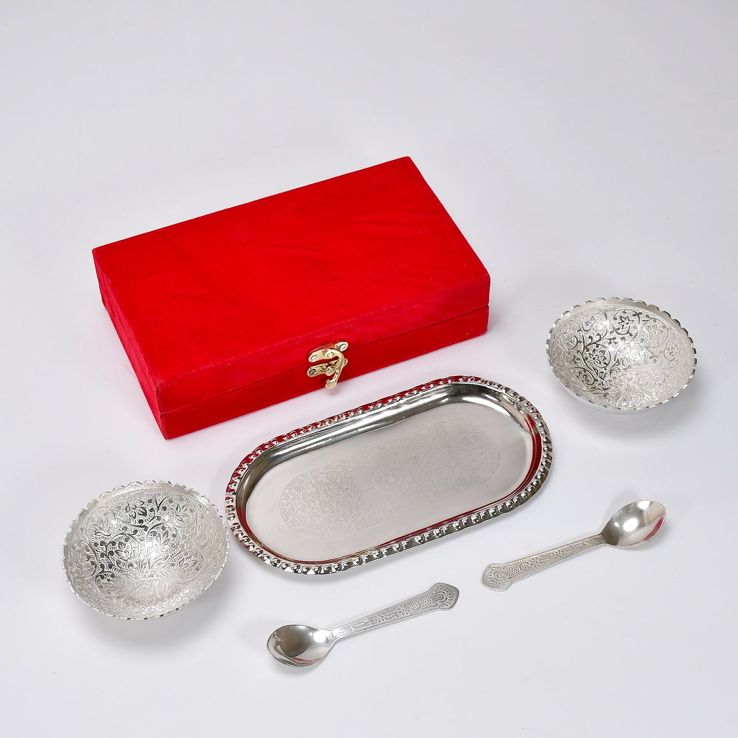 Two-bowl tray set with red velvet gift box.