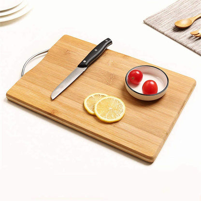 Wooden chopping board with anti-slip mat for safety.