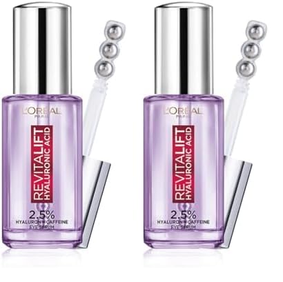 L'Oreal Paris Revitalift Hyaluronic Acid Eye Serum, 20ml, 1.5% Hyaluronic Acid and 1% Caffeine, Lightweight Texture, Non-Sticky, Reduce Fine Lines Under Eyes (Pack of 2)
