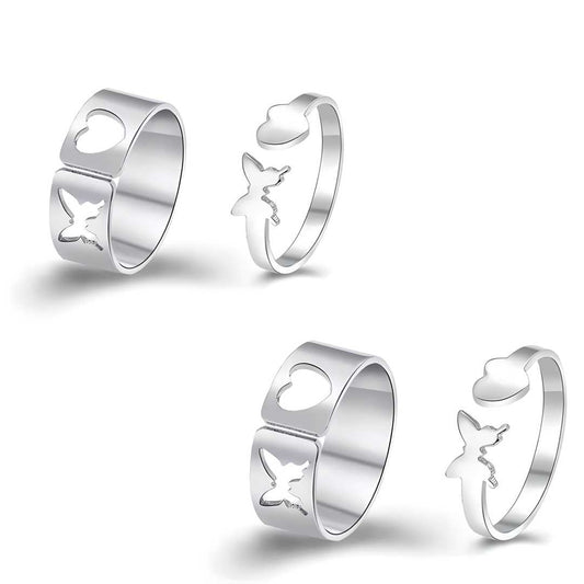 AVR JEWELS Combo of 2 Stylish Silver Plated Heart and Butterfly Couple Rings