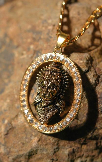 Gold-plated Hanuman Face Diamond Alloy Pendant Locket Set