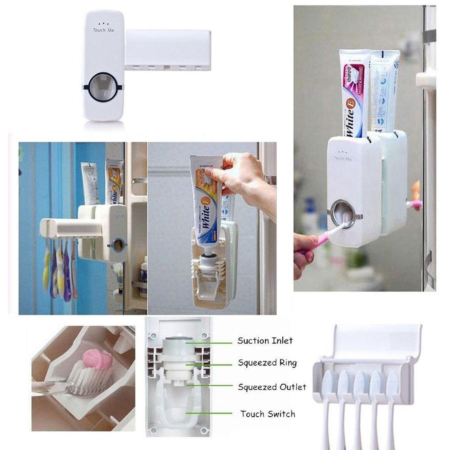 Easy-to-use toothpaste dispenser and brush holder.