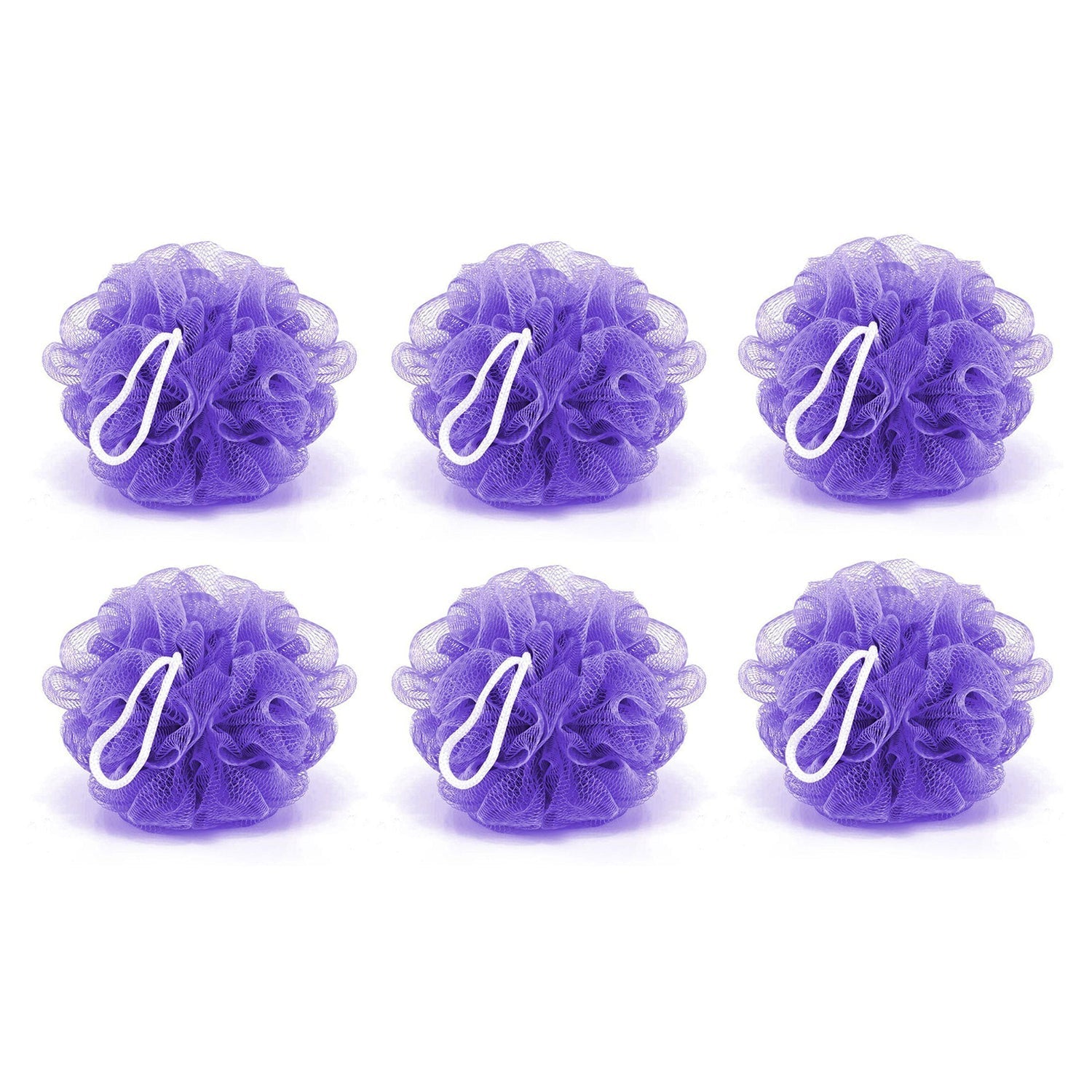 Pack of 6 bath loofah sponges for body scrubbing, soft and effective.