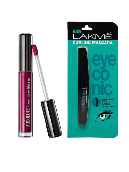 Lakme Set of Lip Gloss Plumshine 3 ml& Eyeconic Curling Mascara - Black 9 ml