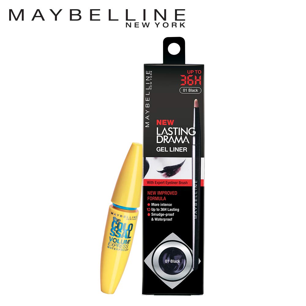 Maybelline New York Promo Pack Lasting Drama Gel Matte Liner, Black + The Colossal Volume' Express Mascara, Waterproof, Black, 12 G (Pack Of 2)