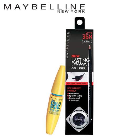 Maybelline New York Promo Pack Lasting Drama Gel Matte Liner, Black + The Colossal Volume' Express Mascara, Waterproof, Black, 12 G (Pack Of 2)