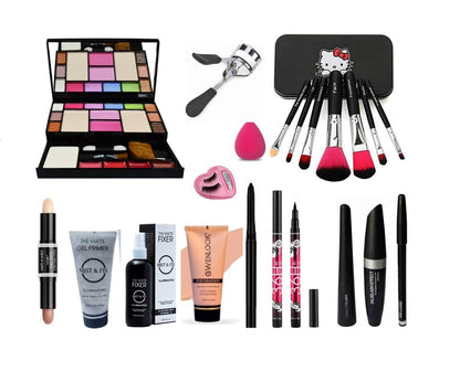 Glowhouse Professional makeup combo 6155 Makeup kit,Lipstick,Makeup sponge,Black hellom kitty makeup brush,Eyeliner,Mascara set combo (Set of 10)