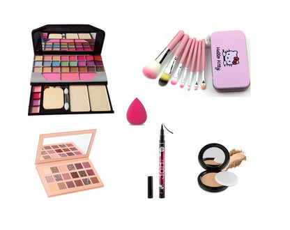 Glowhouse Professional makeup combo 6155 Makeup kit,Lipstick,Makeup sponge,Black hellom kitty makeup brush,Eyeliner,Mascara set combo (Set of 10)