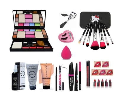 Glowhouse Professional makeup combo 6155 Makeup kit,Lipstick,Makeup sponge,Black hellom kitty makeup brush,Eyeliner,Mascara set combo (Set of 10)