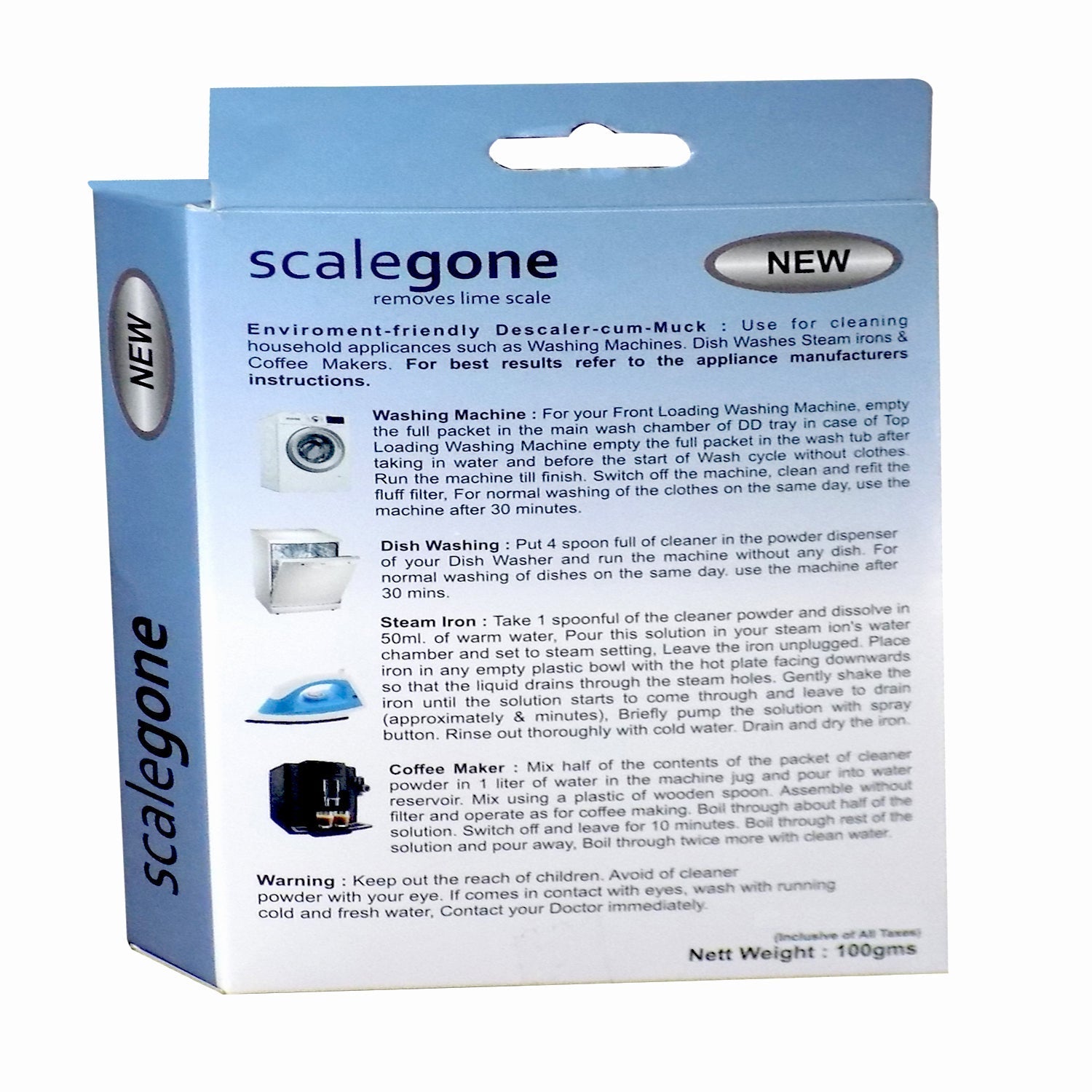 100 gm washing machine scalegon powder, removes scale and grime.