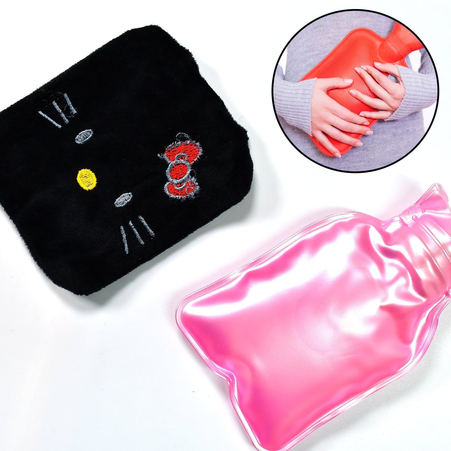 Black Hello Kitty hot water bag with cover for pain relief