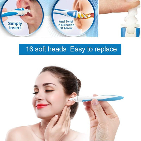 Earwax removal tool with 16 soft silicone tips.