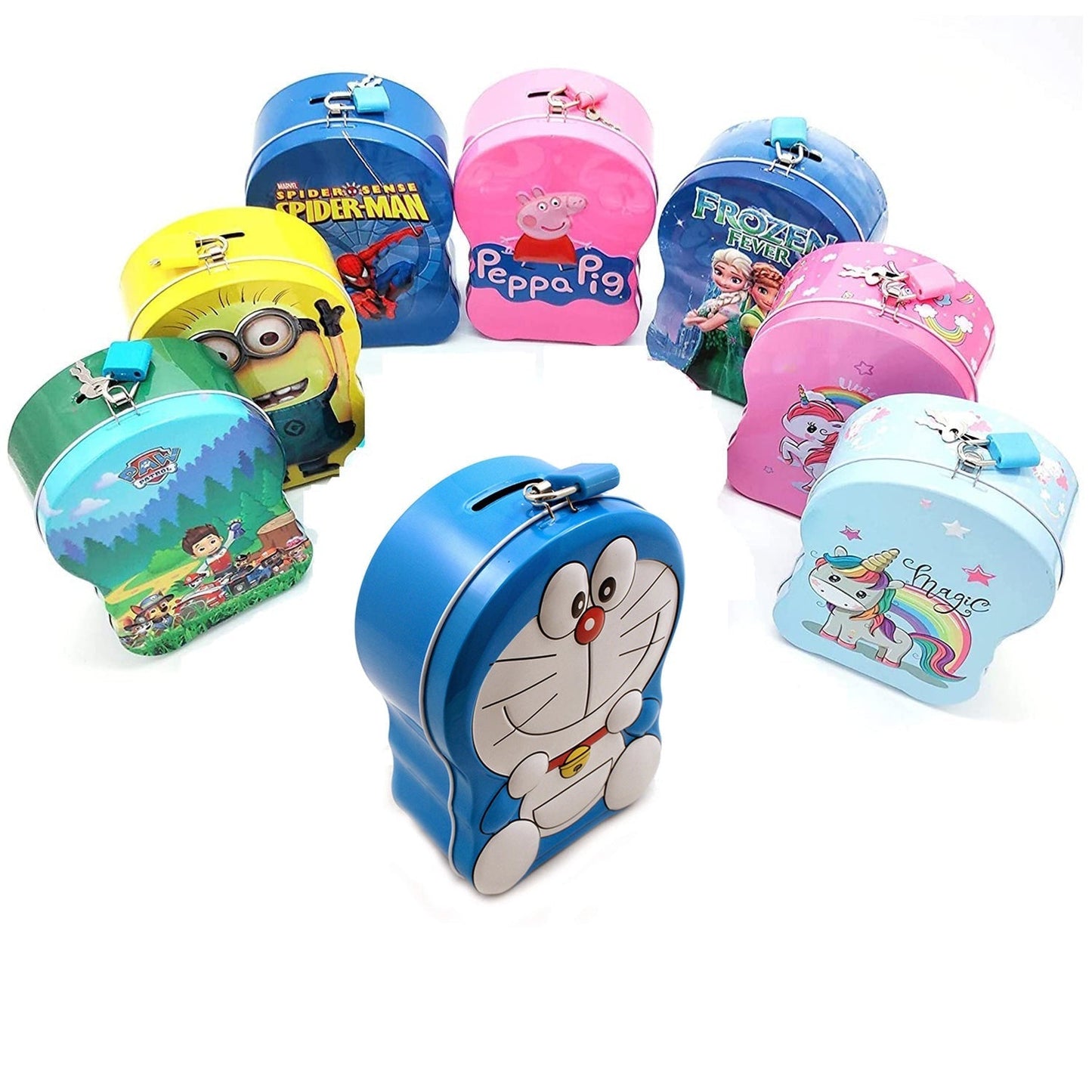 Metal piggy bank with cartoon design, ideal for saving coins and small amounts of money