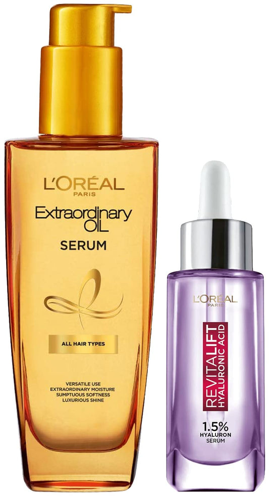 L'OREAL PARIS Revitalift Hyaluronic Acid Serum | Lightweight Face Serum For Hydrated, Youthful Skin (Fragrance & Paraben Free), 30Ml & Extraordinary Oil Hair Serum, 100 Ml