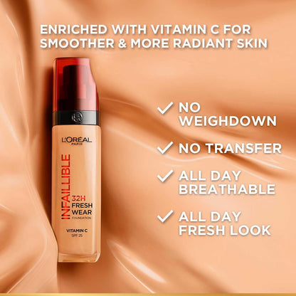 L'Oreal Paris Liquid Foundation, Oil Absorbing Formula, Transferproof, Heatproof and Long-lasting, Infallible 32H Fresh Wear, 260 Golden Sun, 30ml