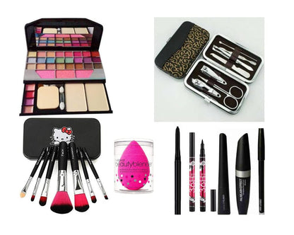 Glowhouse Professional makeup combo 6155 Makeup kit,Lipstick,Makeup sponge,Black hellom kitty makeup brush,Eyeliner,Mascara set combo (Set of 10)