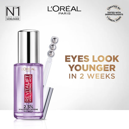 L'Oreal Paris Revitalift Hyaluronic Acid Eye Serum, 20ml, 1.5% Hyaluronic Acid and 1% Caffeine, Lightweight Texture, Non-Sticky, Reduce Fine Lines Under Eyes (Pack of 2)