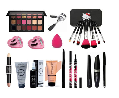 Glowhouse Professional makeup combo 6155 Makeup kit,Lipstick,Makeup sponge,Black hellom kitty makeup brush,Eyeliner,Mascara set combo (Set of 10)