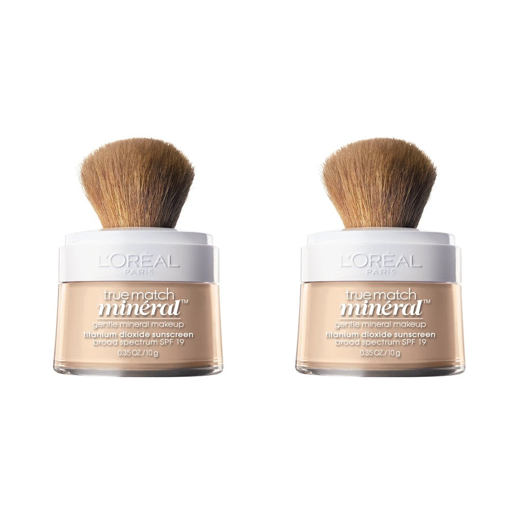 L'Oreal Paris Makeup True Match Loose Powder Mineral Foundation, skin-improving minerals control shine, reduce appearance of pores, leave skin soft and even, built-in brush, Natural Beige, 0.35