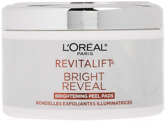 L'Oreal Paris Revitalift Bright Reveal Anti-Aging Peel Pads with Glycolic Acid Exfoliating Facial Pads to Reduce Wrinkles and Brighten Skin for All Skin Types 30 Count (Pack of 1) White
