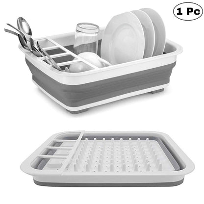 Silicone dish drying rack with utensil storage, collapsible and foldable