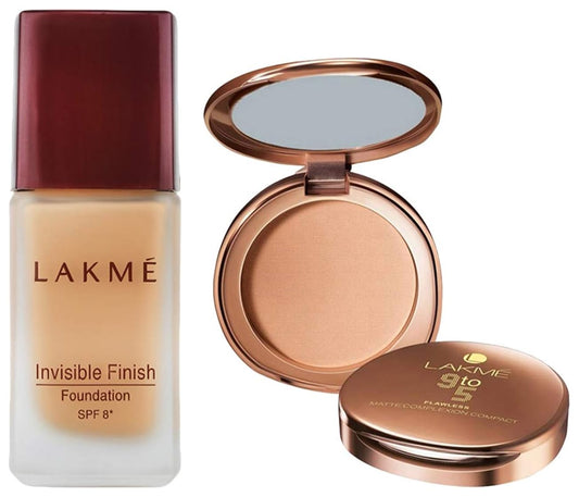 LAKMÉ Invisible Finish Spf 8 Cream Foundation For All Skin Types, Shade 01, 25Ml And 9 To 5 Flawless Matte Light Coverage Complexion Compact, Almond, 8G, 2 Count