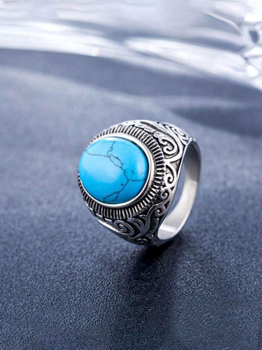 Men Silver-Plated Blue Stone Studded Oxidized Ring