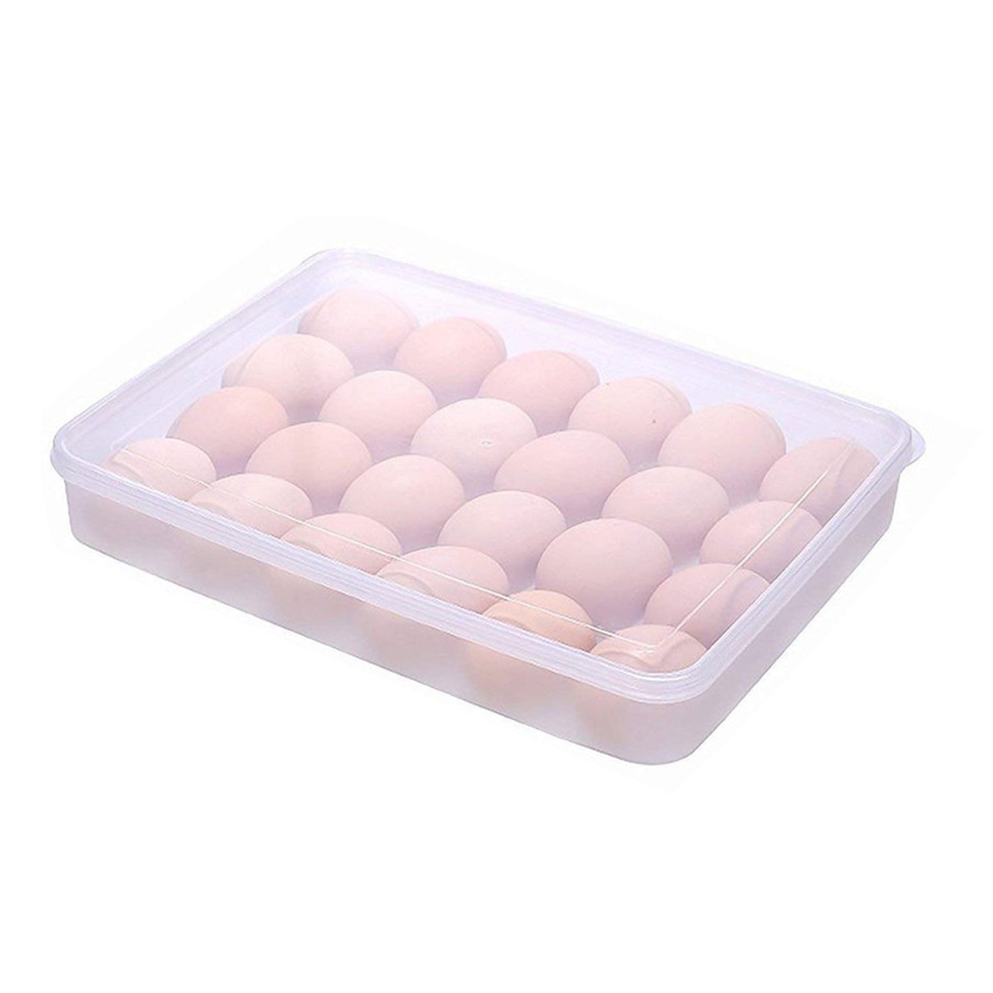 24-grid plastic egg box container with lid, designed to hold 2 dozen eggs for fridge storage