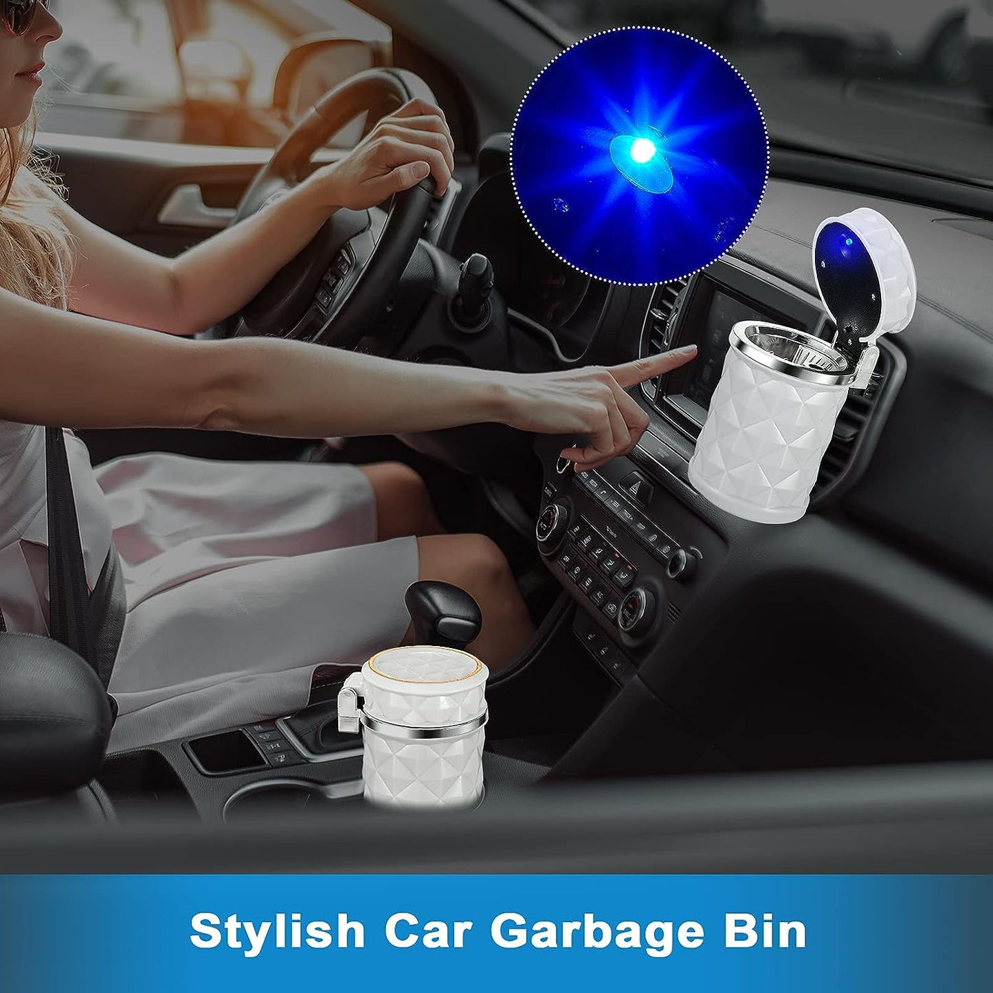 Blue LED car ashtray, portable with lid for cigarette waste