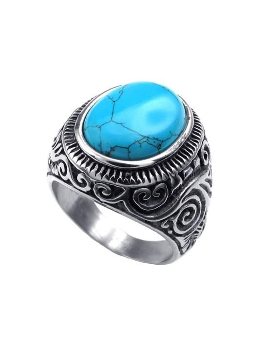 Men Silver-Plated Blue Stone Studded Oxidized Ring