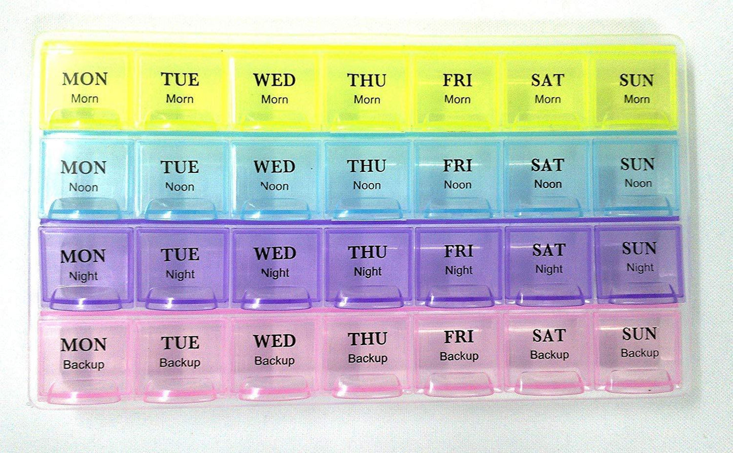 4-row weekly pill case organizer with 28 compartments for daily medicine storage.