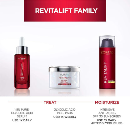 L'Oreal Paris Revitalift Bright Reveal Anti-Aging Peel Pads with Glycolic Acid Exfoliating Facial Pads to Reduce Wrinkles and Brighten Skin for All Skin Types 30 Count (Pack of 1) White