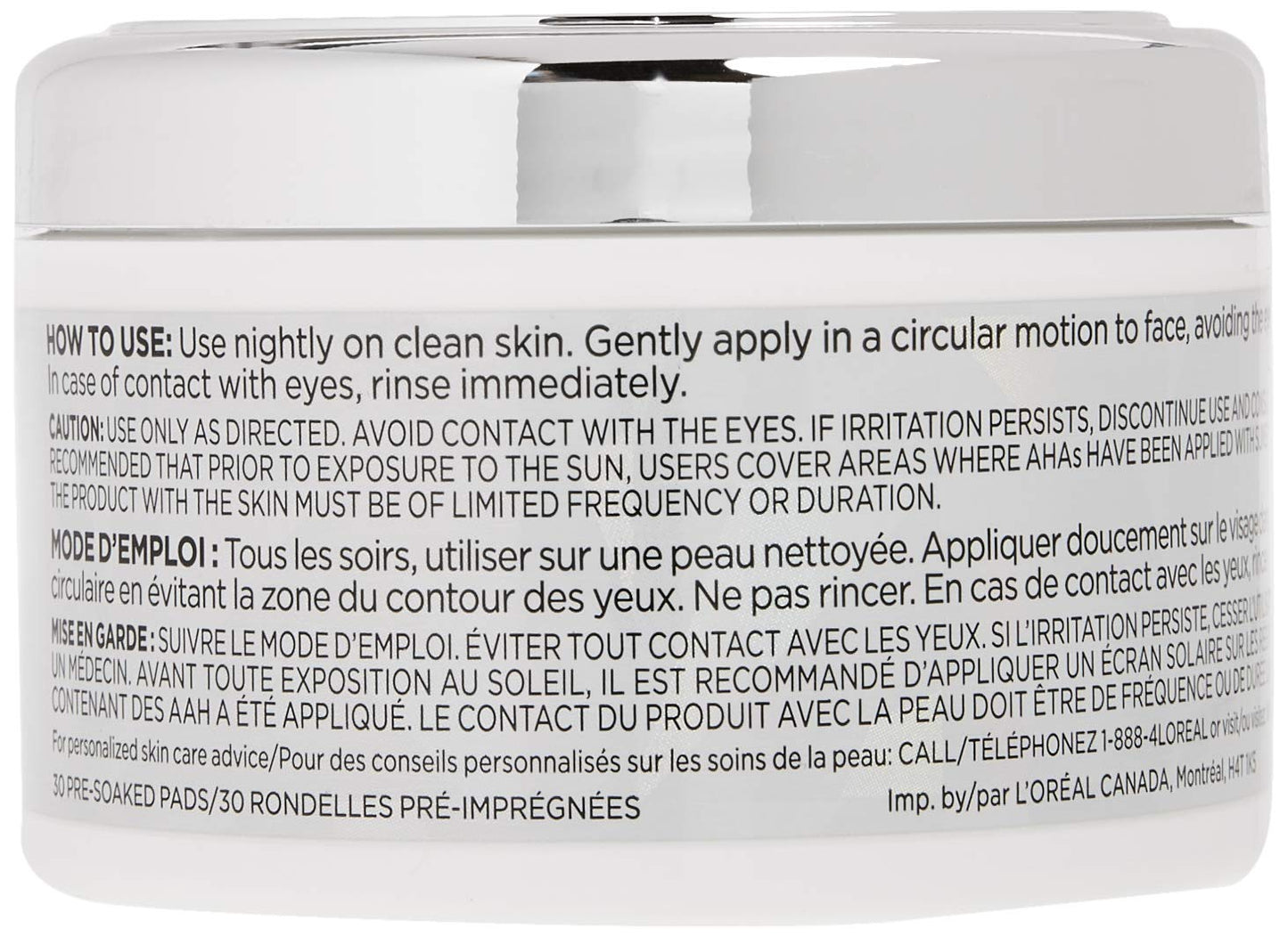 L'Oreal Paris Revitalift Bright Reveal Anti-Aging Peel Pads with Glycolic Acid Exfoliating Facial Pads to Reduce Wrinkles and Brighten Skin for All Skin Types 30 Count (Pack of 1) White