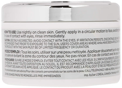 L'Oreal Paris Revitalift Bright Reveal Anti-Aging Peel Pads with Glycolic Acid Exfoliating Facial Pads to Reduce Wrinkles and Brighten Skin for All Skin Types 30 Count (Pack of 1) White