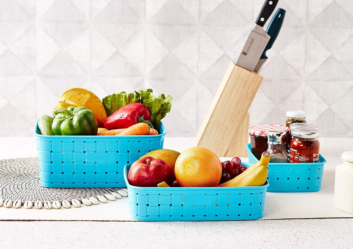 Stylish sky blue smart baskets for storage.