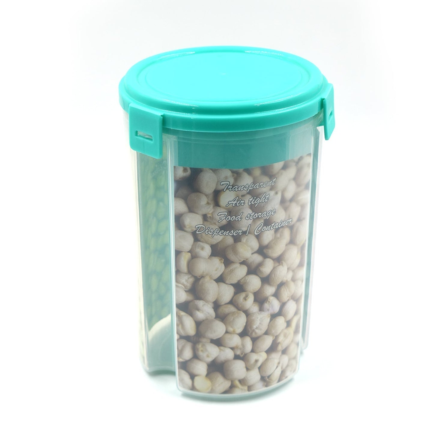 Clear, airtight storage dispenser set with three compartments and a color box.