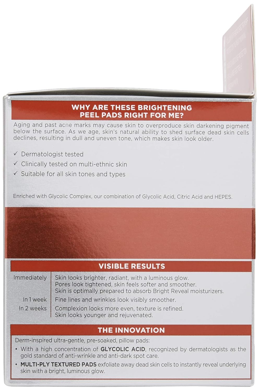 L'Oreal Paris Revitalift Bright Reveal Anti-Aging Peel Pads with Glycolic Acid Exfoliating Facial Pads to Reduce Wrinkles and Brighten Skin for All Skin Types 30 Count (Pack of 1) White