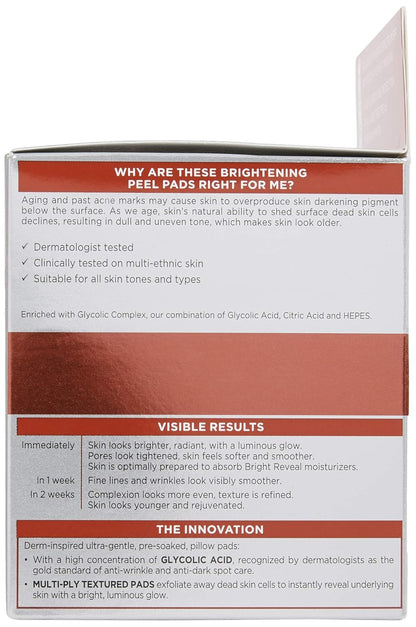 L'Oreal Paris Revitalift Bright Reveal Anti-Aging Peel Pads with Glycolic Acid Exfoliating Facial Pads to Reduce Wrinkles and Brighten Skin for All Skin Types 30 Count (Pack of 1) White